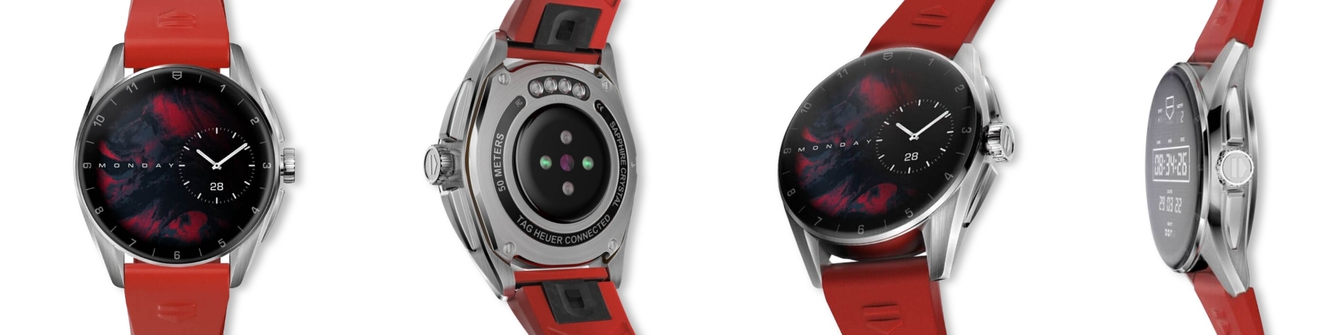 Front, side, profile and back view of TAG Heuer Connected Calibre E4 smartwatch with red rubber strap.